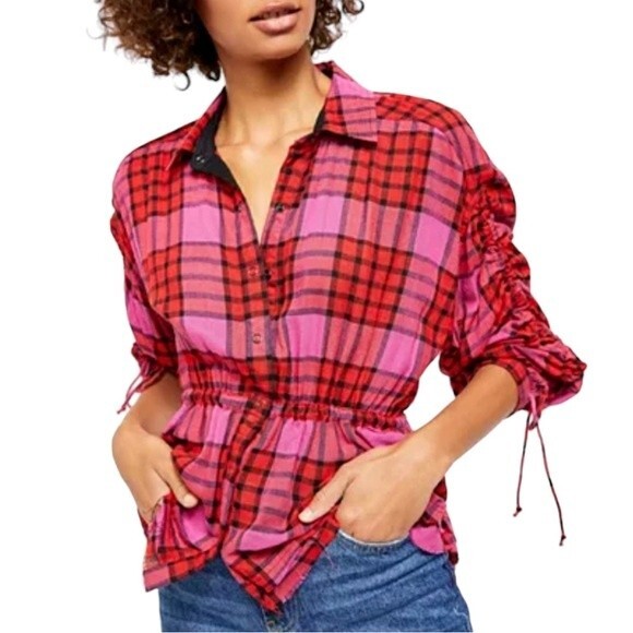 NWT Free People Pacific Dawn Wool Plaid Shirt Hot Pink Red Combo Size Small NEW - Picture 1 of 15
